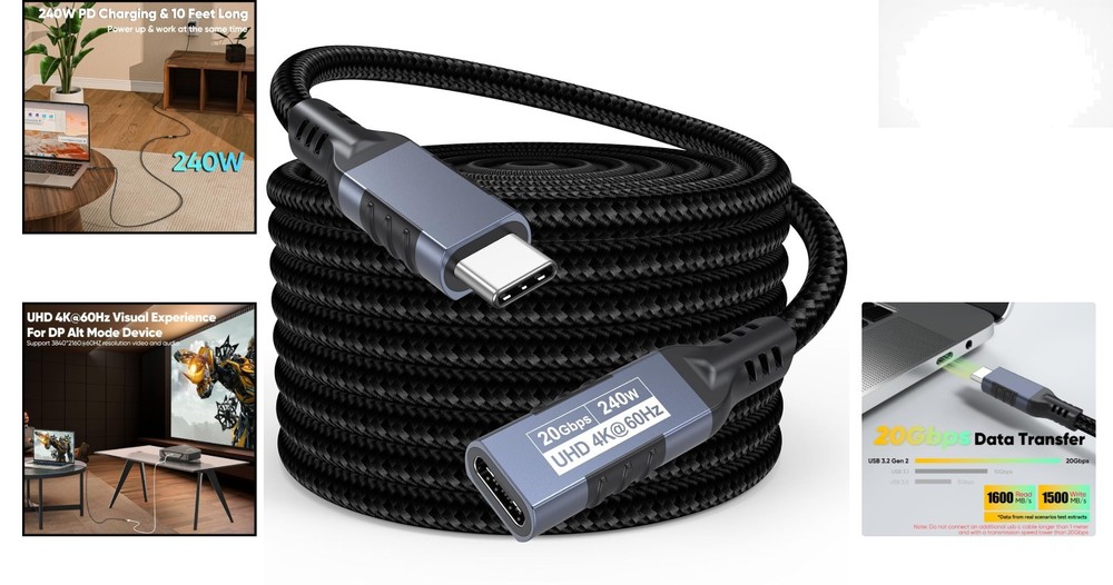 10FT USB C Extension Cable - 20Gbps Data + 240W Fast Charging, Braided
