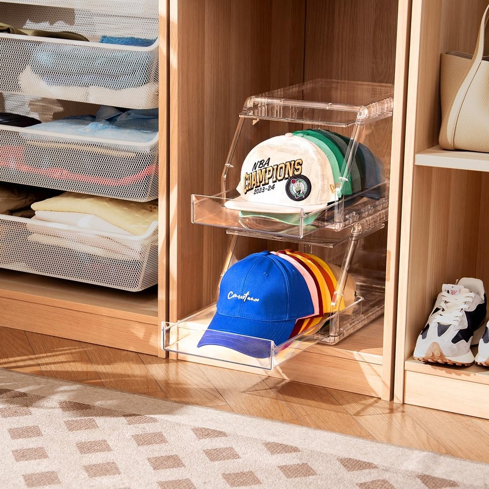 Ozueccr 2 Pack Hat Organizer for Baseball Caps – Stackable Clear Display Box wit
