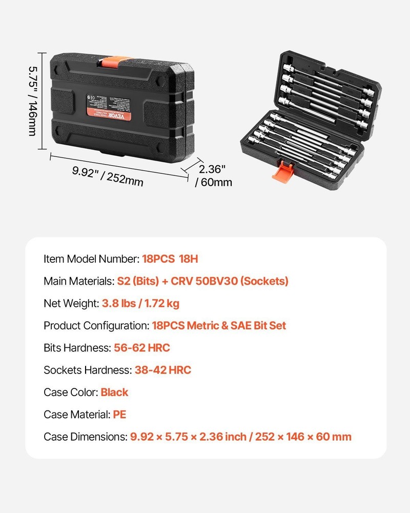 Extended 3/8in Drive S2 Alloy 18Pc Hex Bit Socket Set