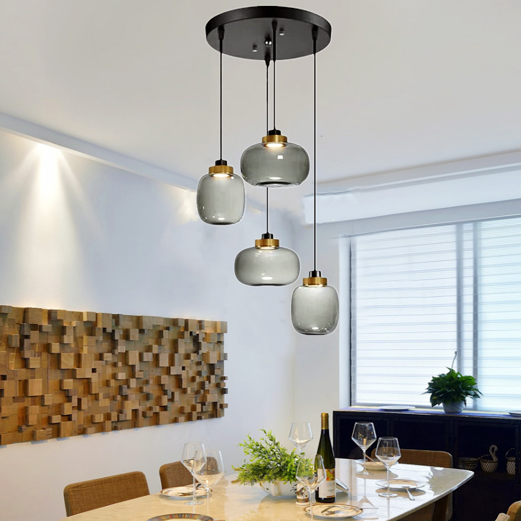 Modern 4 Lights Chandelier Adjustable Smoky Glass Pendant Lamp Ceiling Fixtures