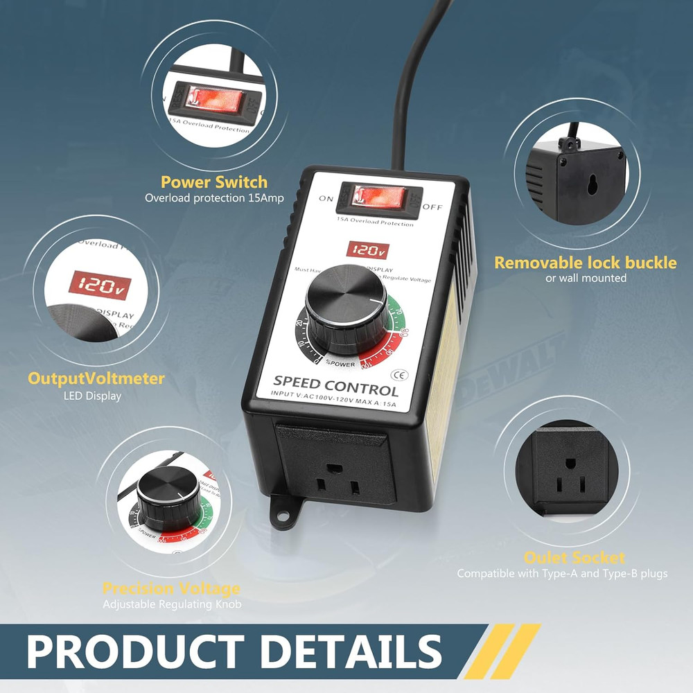 AC Motor Speed Controller 100V-120V 15A Max Variable Fan Speed Controller Motors