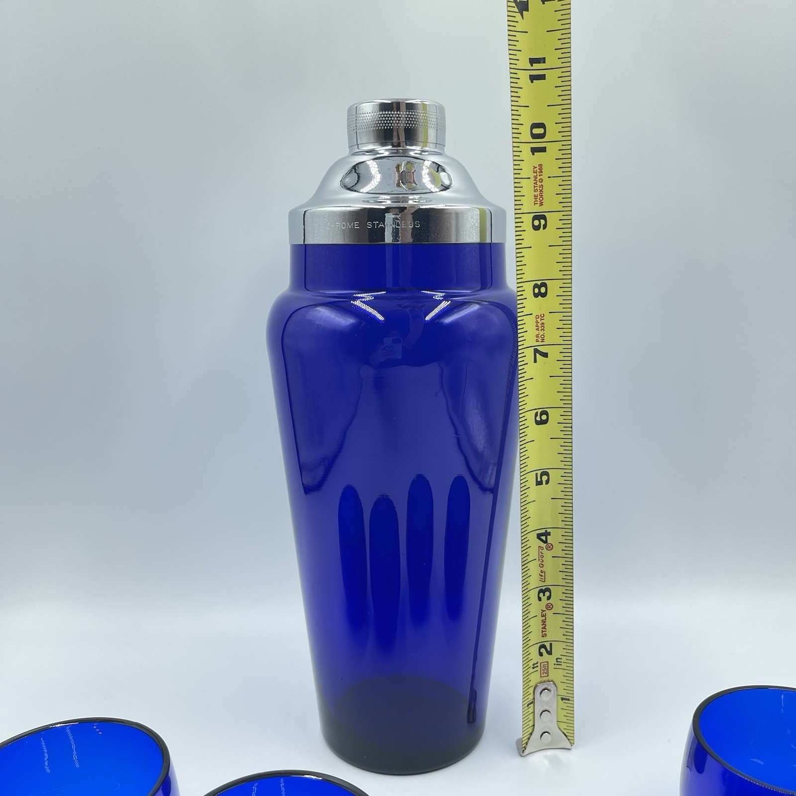 Vgt Cobalt Blue Cocktail Shaker with 4 Roly Poly Glasses Chrome Plate Shaker Top