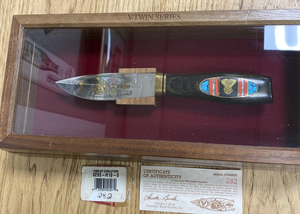 Buck Custom Usa Made Fixed Blade Harley Evolution Inlaid Presentation Box Number