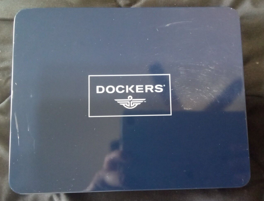 DOCKERS EMPTY BLUE AND WHITE TIN BOX
