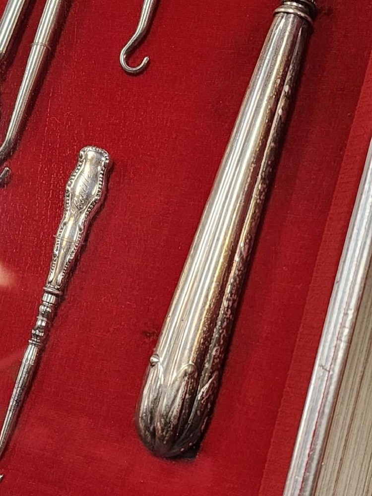 Antique Sterling Silver Handled Shoe Button Hooks in Shadow Box Frame - Nice