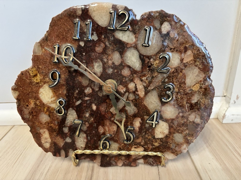 Pudding Stone Clock Features A Unique Face Cut From Natural Conglomerate Stone