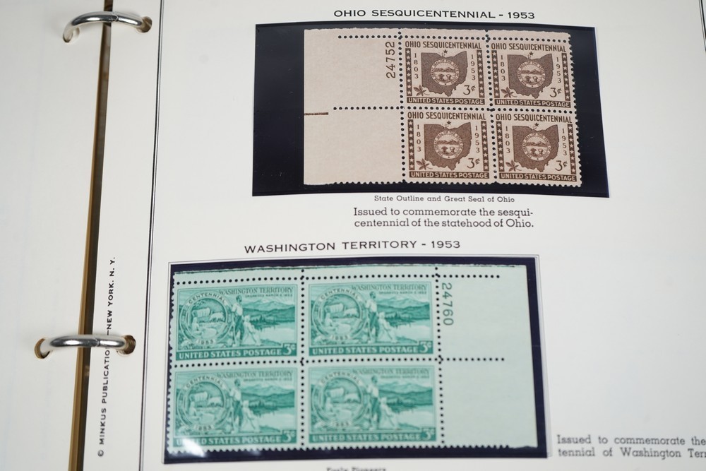 US 1950s-1960s COLLECTION OF 240 MINT PLATE BLOCKS STORED IN MINKUS ALBUM
