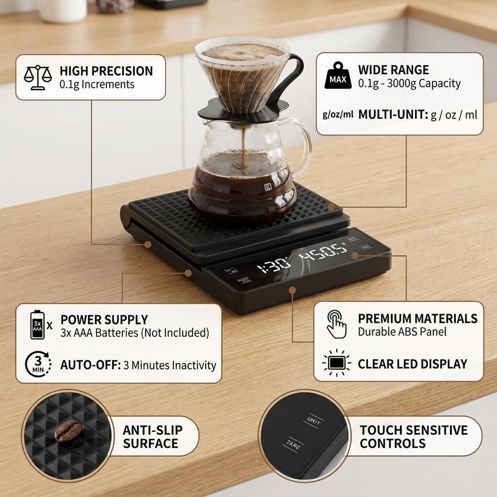 3kg/0.1g Digital Coffee Scale with Timer Kitchen Precision Weighing Scale