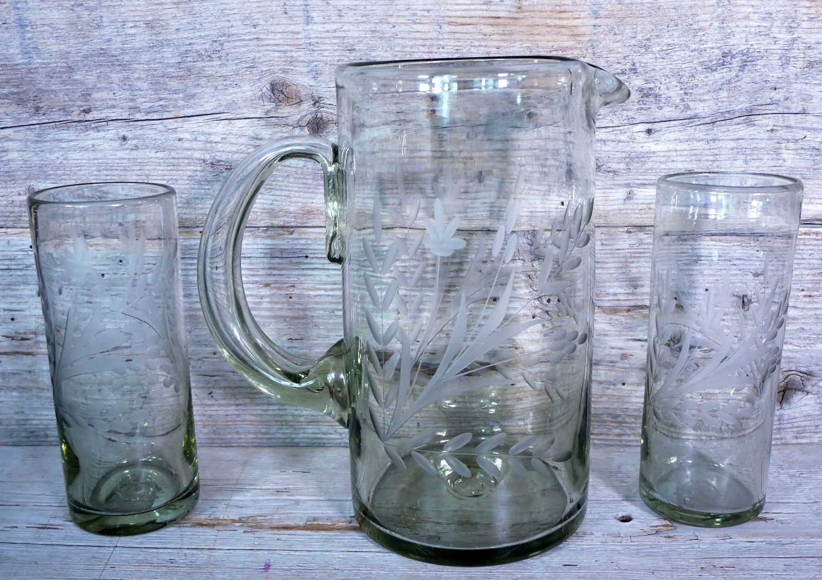 Set of 4 Tall Lemonade Glasses Handblown Hand Etched Pale Green Mexican Folk Art