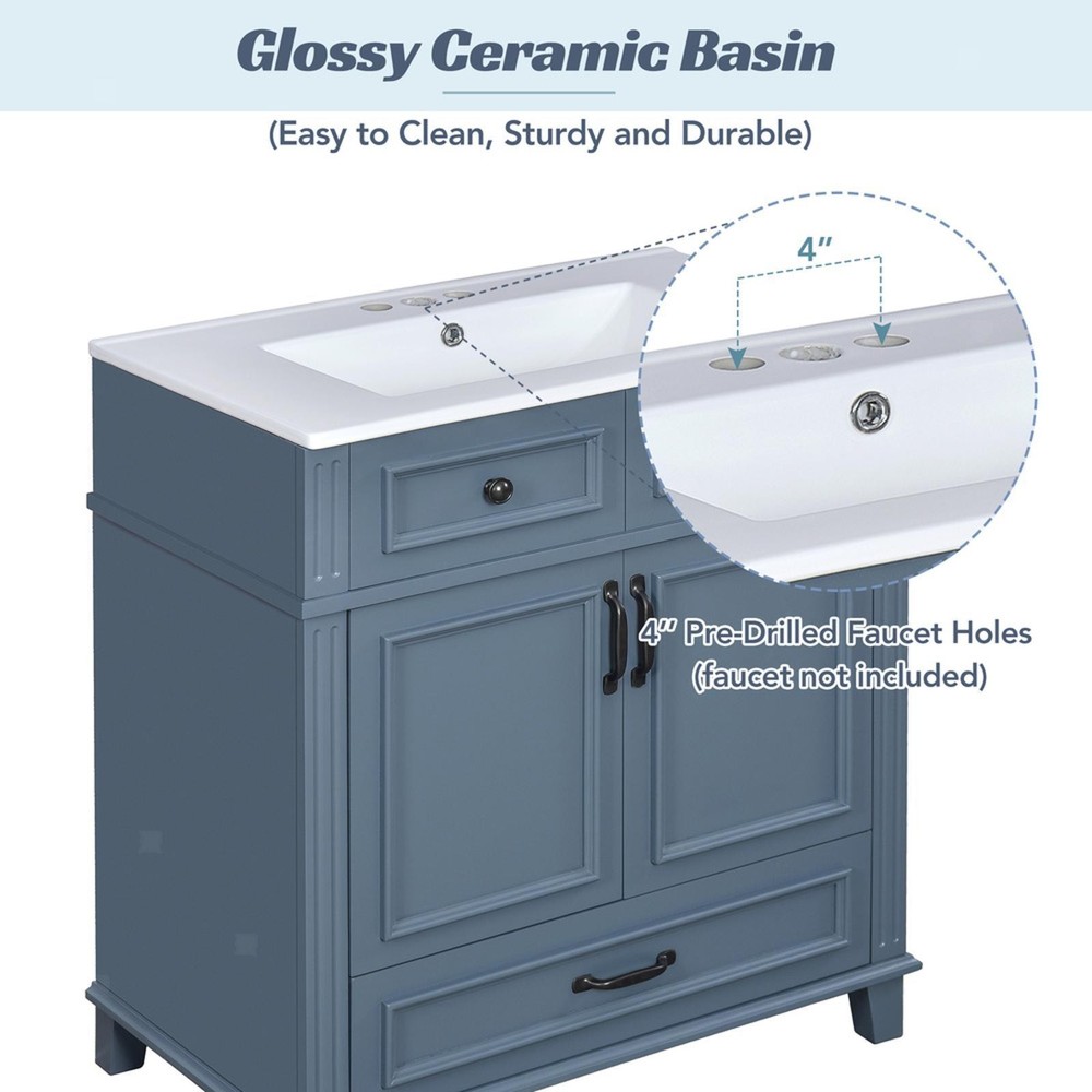 Retro 30'' Bathroom Vanity with Ceramic Basin, Sturdy Solid Wood Frame,