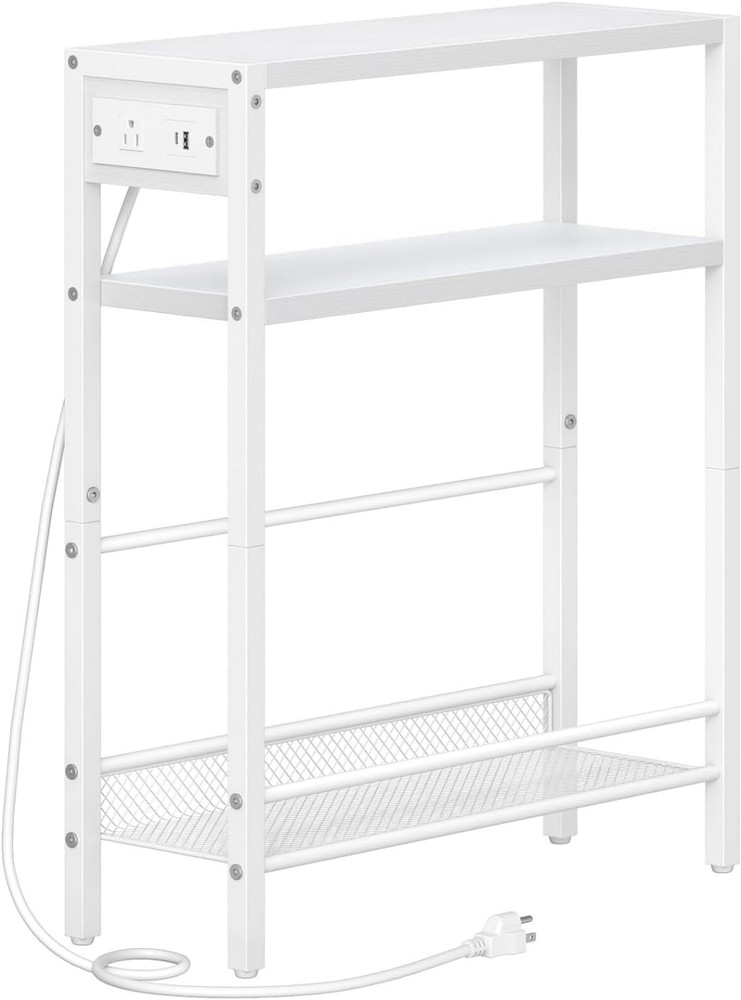 Small Narrow Side Table with Charging Stat, Skinny End Table for