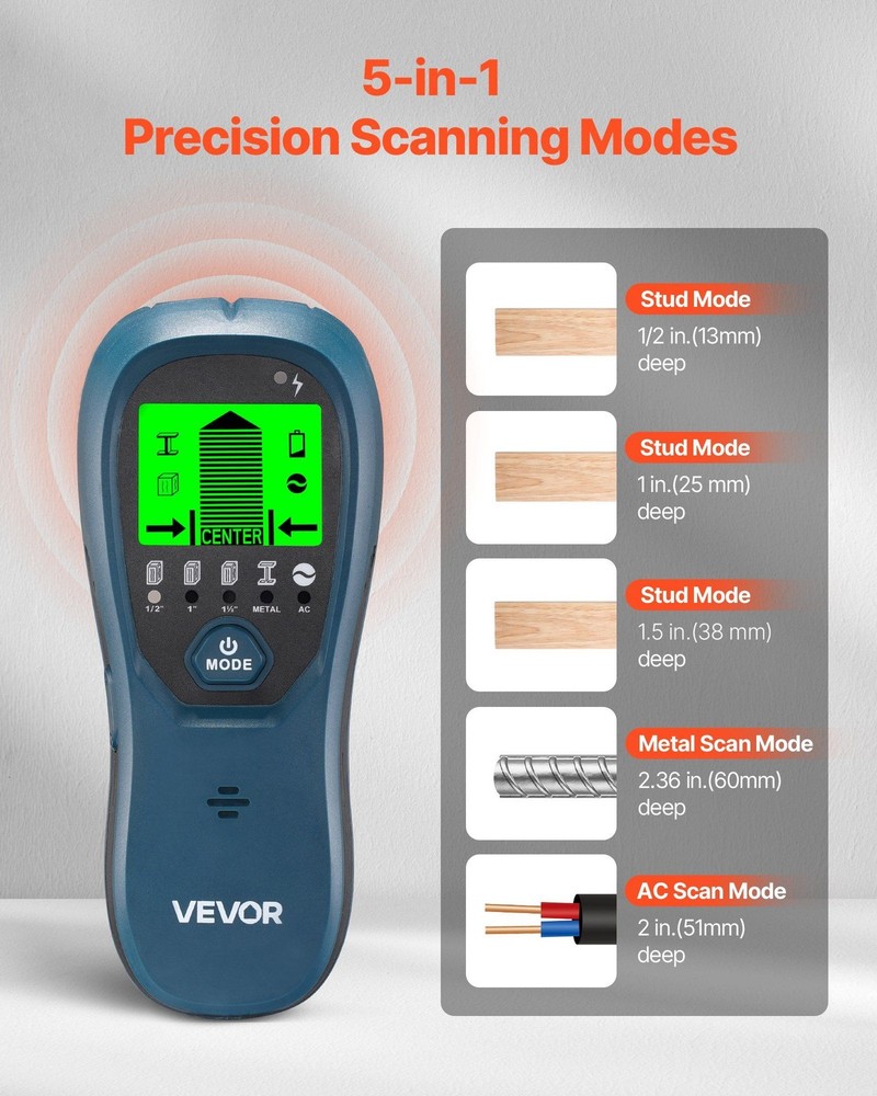 Enhanced Stud Finder 5-Mode Detection Bright LCD Audible Alert Blue Version