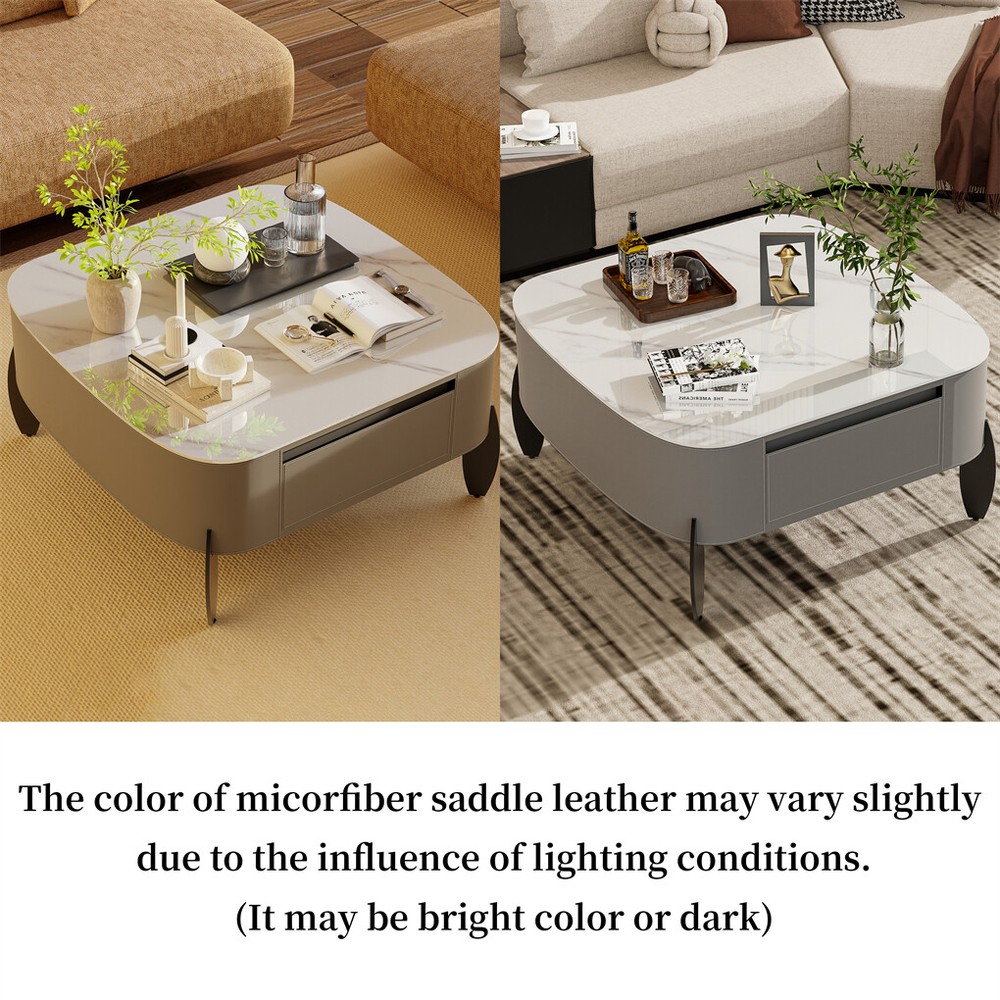 Square Marble Coffee Table Microfiber Saddle Leather Center Table with 2 Drawers