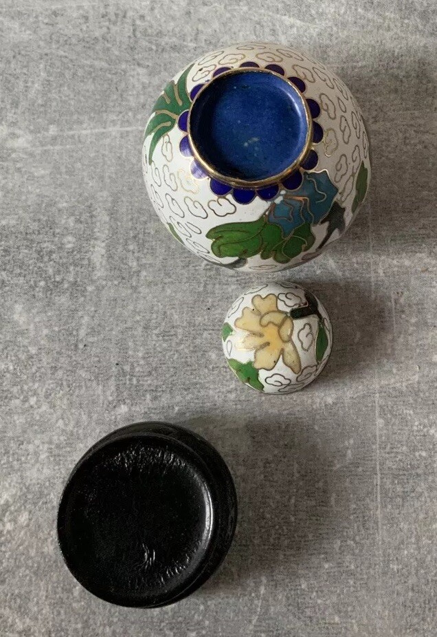 Miniature Chinese Cloisonné Lidded Ginger Jar With Stand and Original Box VTG