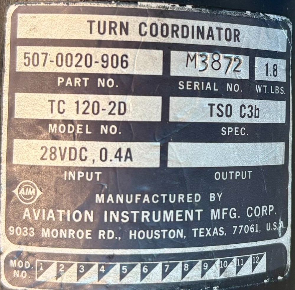 Turn Coordinator TC1202D 507-0020-906 Removed Working