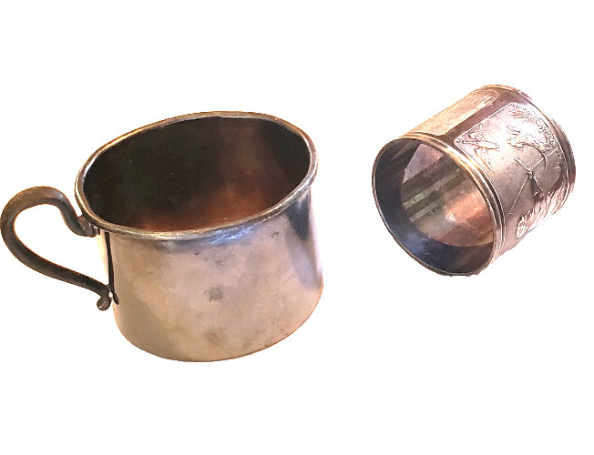 2pcs Vintage Silverplated Metal Ware_MICKEY MOUSE Baby Cup + Antique Napkin Ring