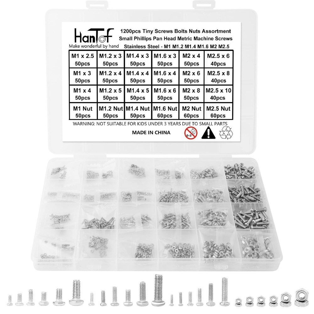 1200pcs Metric Tiny/Very Small/Micro Machine Screw Nuts Assortment Kit, 304 S...