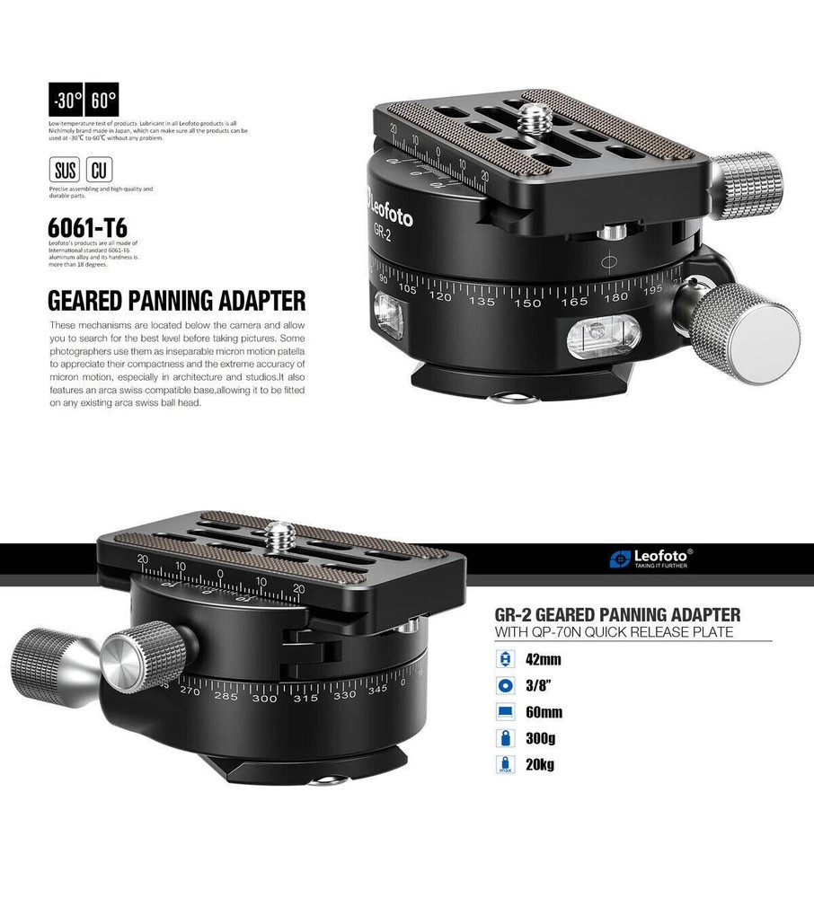 Leofoto GR-2 Geared Panning Adapter | Arca Compatible