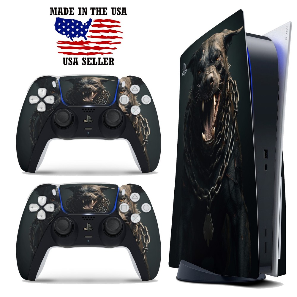 PS5 Disc Version Console & Controller Vinyl Skin Decal Wrap - Angry Pitbull Dog