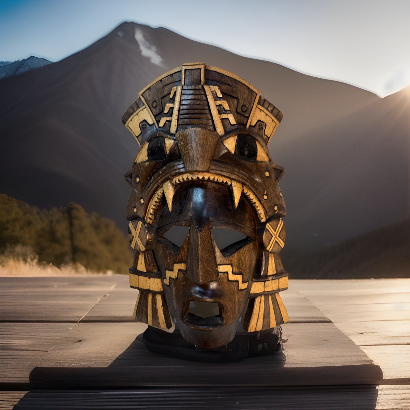 Mayan Hand Carved Mask Faces Reptiles two tone Wood Curved Hang Or Shelf Sit
