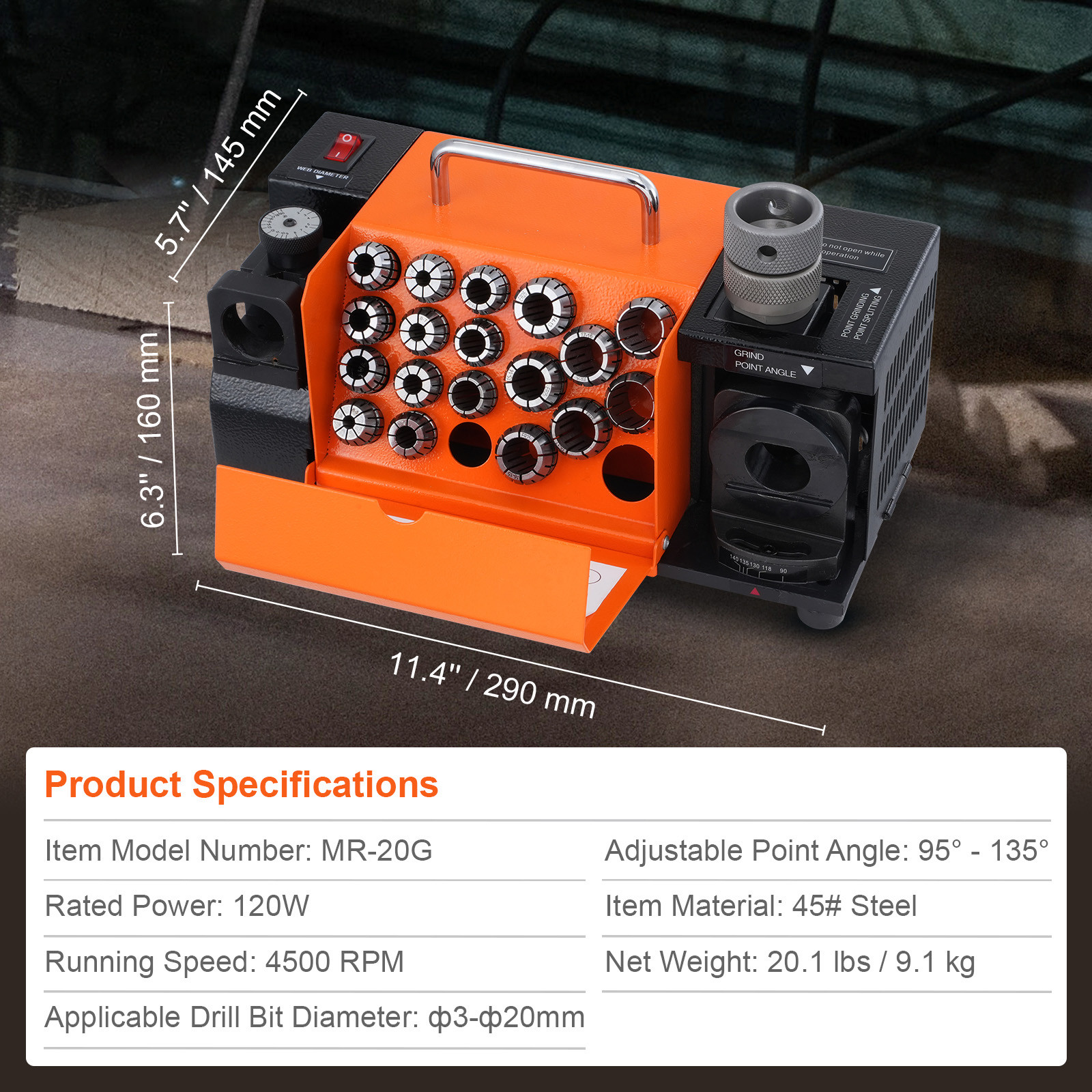 MR-20G Drill Bits Sharpener 3-20mm Bits Grinder Sharpener & 18 Collets