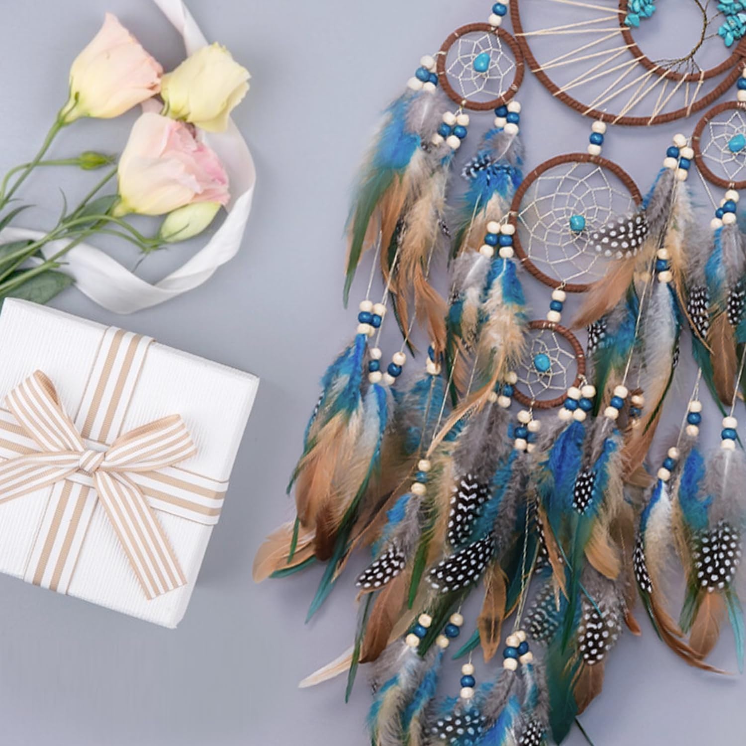 Turquoise Tree of Life Dream Catcher Natural Feathers Handcrafted Wall Hanging