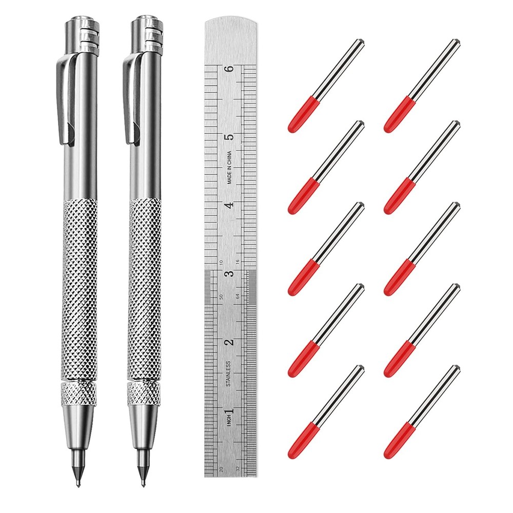 Ofasixx 2 Pack Tungsten Carbide Tip Scriber Tool with 10 Refills 1 Silver