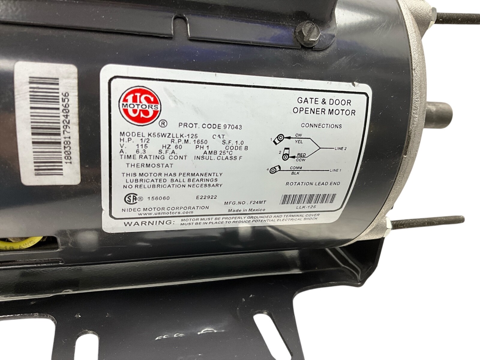 MFG NO. F24MT US MOTORS 97043 K55WZLLK-125 1/2 HP OPENER MOTOR
