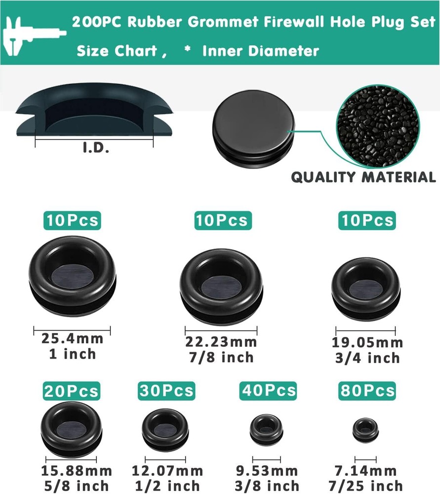 Rubber Grommet Kit 200 Pack - 7 Sizes Firewall Hole Plugs B