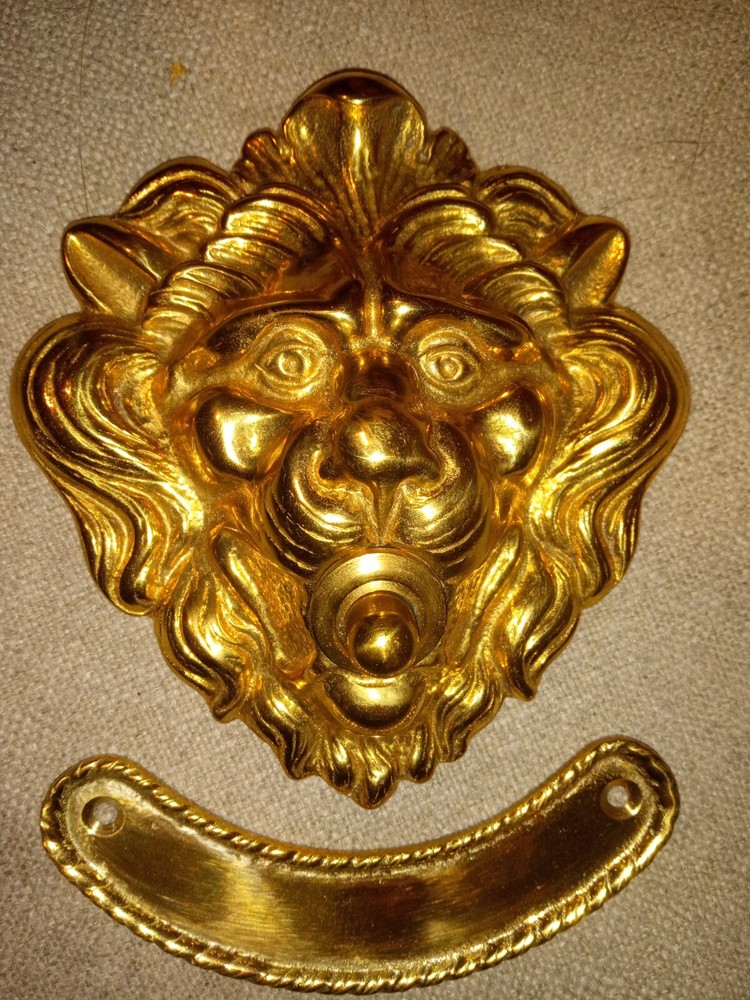 Solid Bright Brass Lion Head Push Button Doorbell w/ address / name Plate