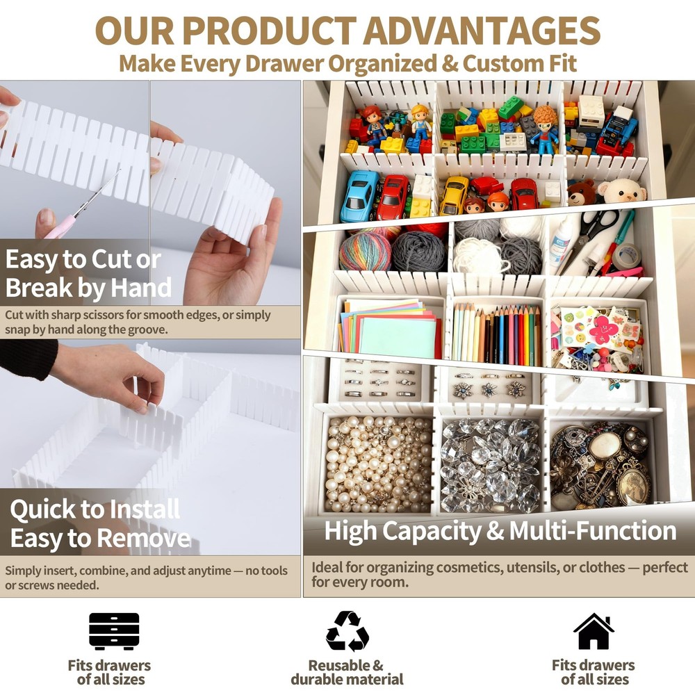 Bofoho Drawer Divider Adjustable DIY Storage Organizer Separator White 16pcs