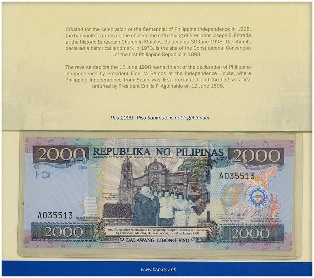 Philippines 2000 Piso, 2001, P-189c, UNC, Commemorative, Folder