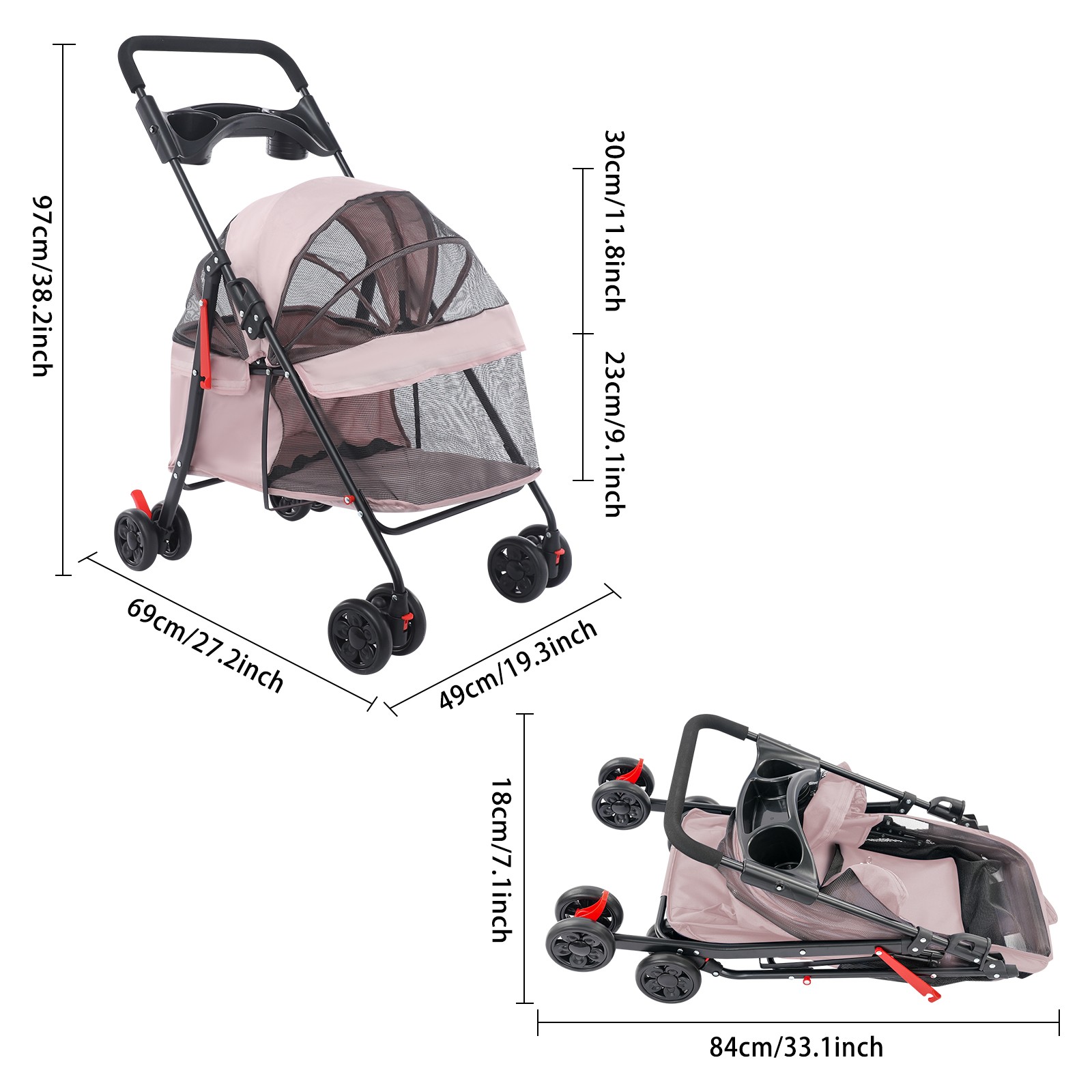 Dog Cat Stroller Pet Travel Carriage 4 Wheels Foldable Pets Carrier Cart PINK