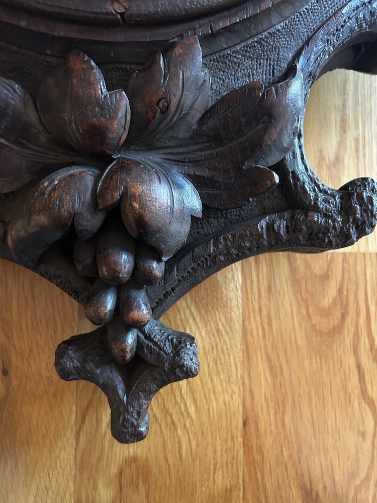 LARGE BLACK FOREST wood carving wall clock nuts/berrys theme, MISSING Pendulum