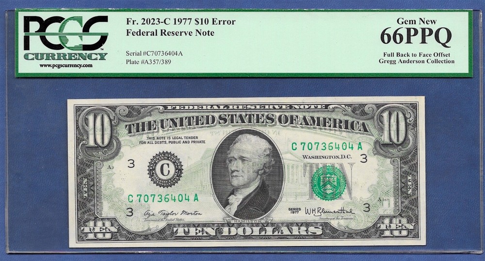 1977 $10  ERROR  ♚♚FULL BACK TO FACE OFFSET♚♚  PCGS GEM NEW 66 PPQ