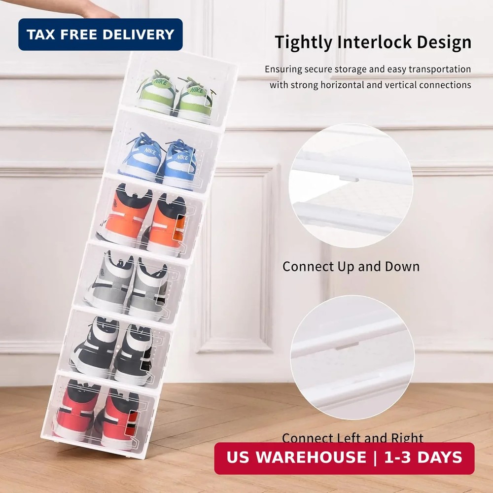 X-Large Plastic Clear Shoe Storage Boxes Stackable 12 Pack Fit Size 11, Shoe Rac