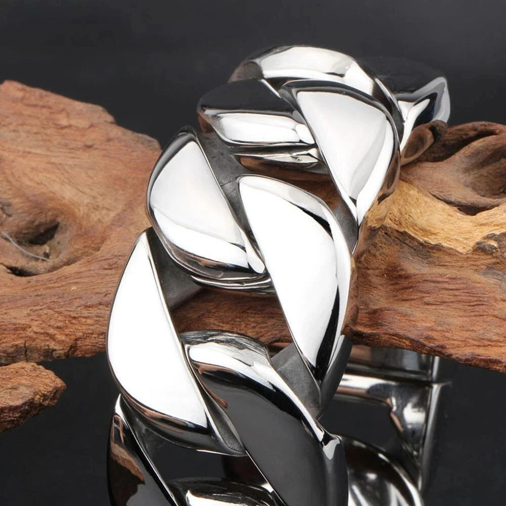 24mm/32mm Wide Heavy Men's Silver Tone Stainless Steel Cuban Link Chain Bracelet