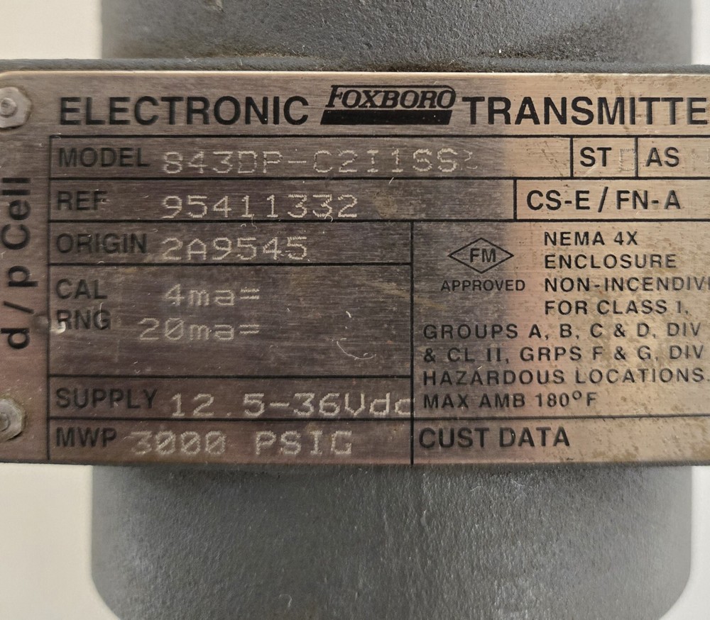 FOXBORO ELECTRONIC TRANSMITTER 843DP-C211SS.