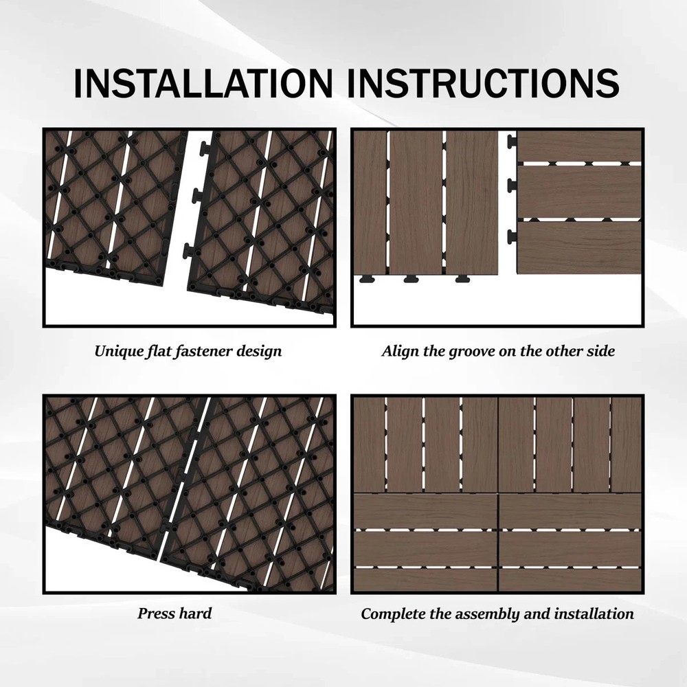 44Pcs HDPE Interlocking Deck,Waterproof Snap-Together w/Drainage Design,Brown