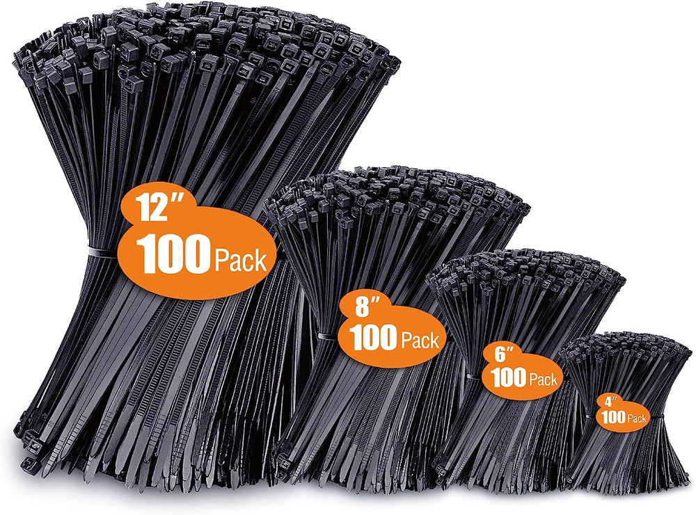 Zip Ties Assorted Sizes(4+6+8+12) 400 Pack Black Cable Ties...