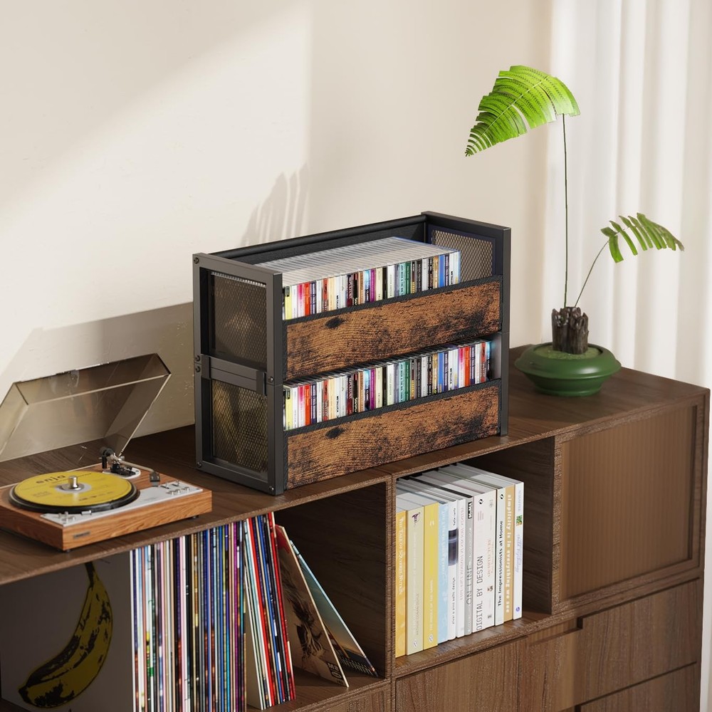2-Tier CD Holder with Fabric Wood Grain Texture, Stackable CD Storage Case and B