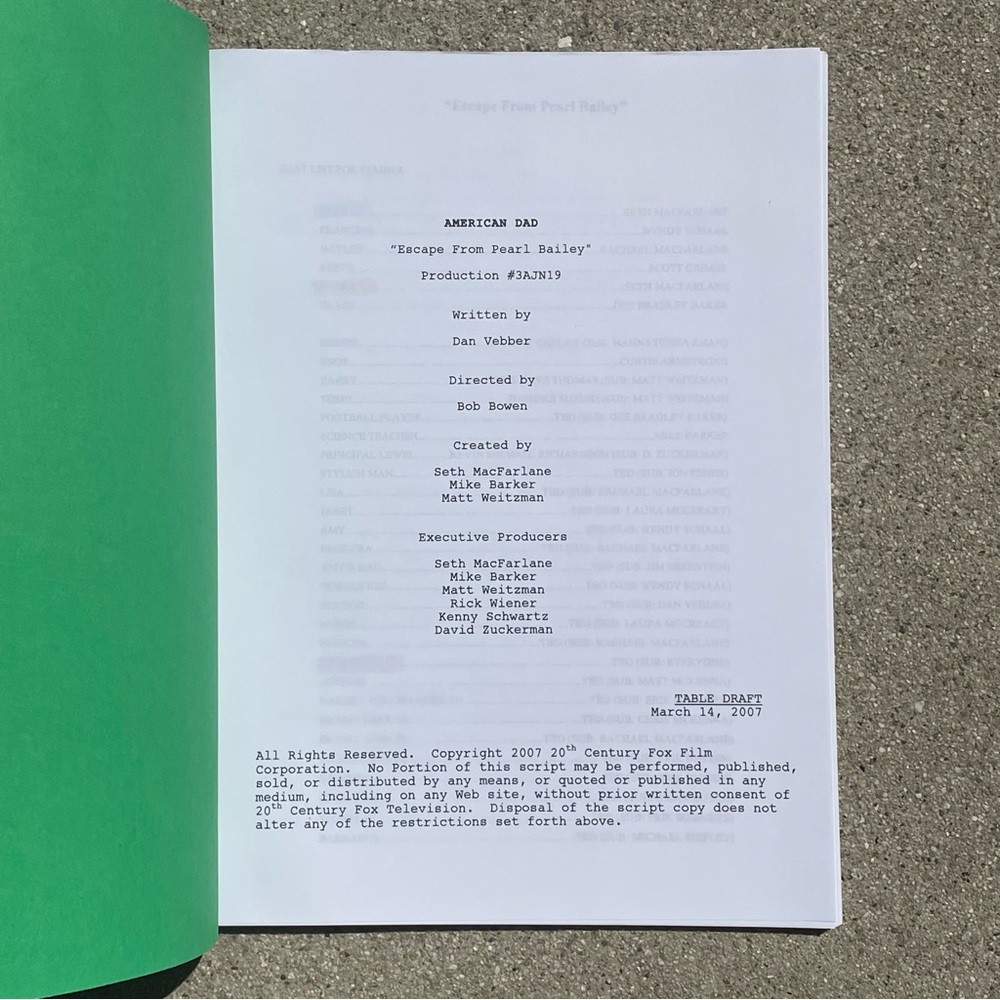 American Dad SETH MACFARLANE Used Stan Roger 2007 Production Table Draft Script