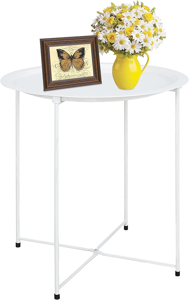 Folding Tray Metal Side Table White round End Table Cyan Sofa Small Accent Fold-