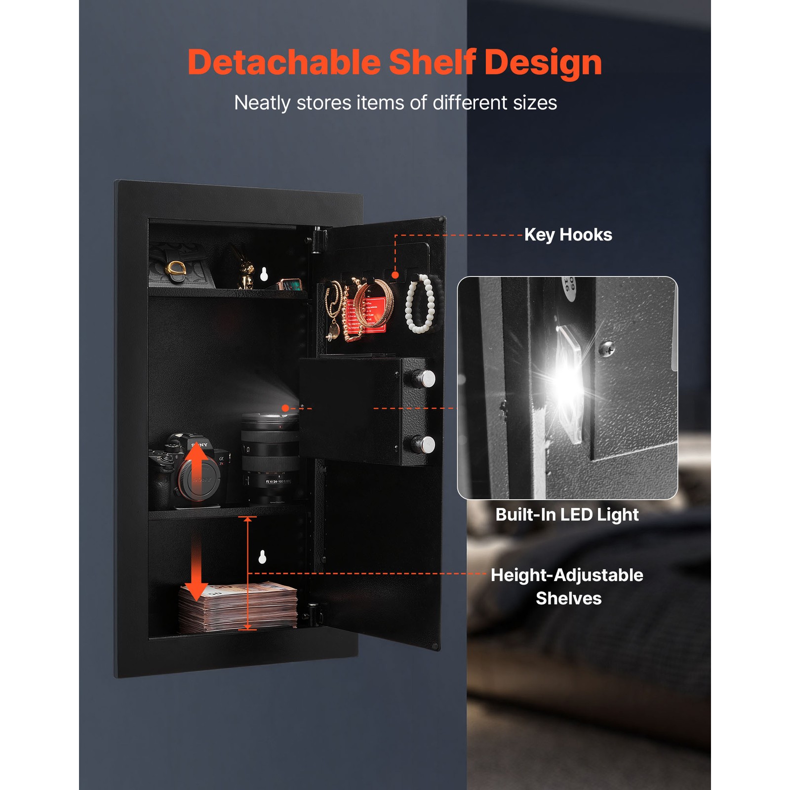 Uimoso 3-Tier Wall Safe with LED Light, Password & Key Access,Adjustable Shelves