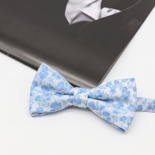 Pre-tied Floral Bow Ties for Men Adjustable Flower Pattern Satin Blue,white
