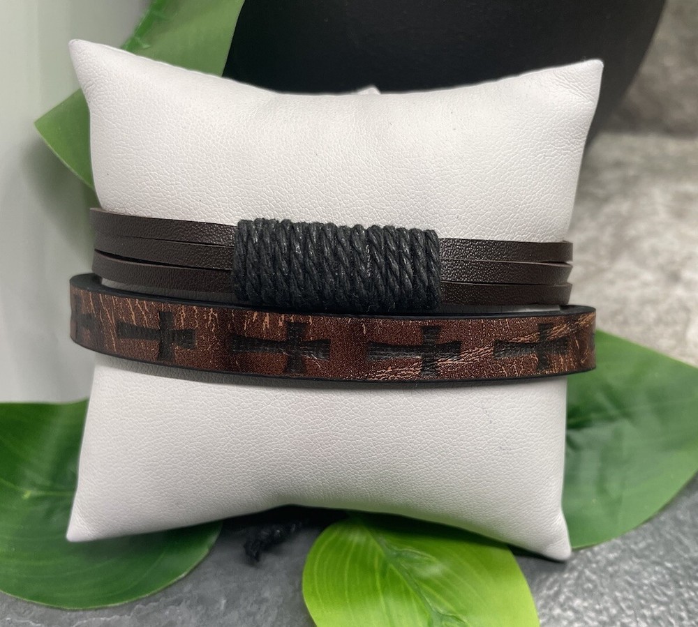 2 PC Leather Bracelet Cross Stackable Adjustable Tie Free Ship B3253