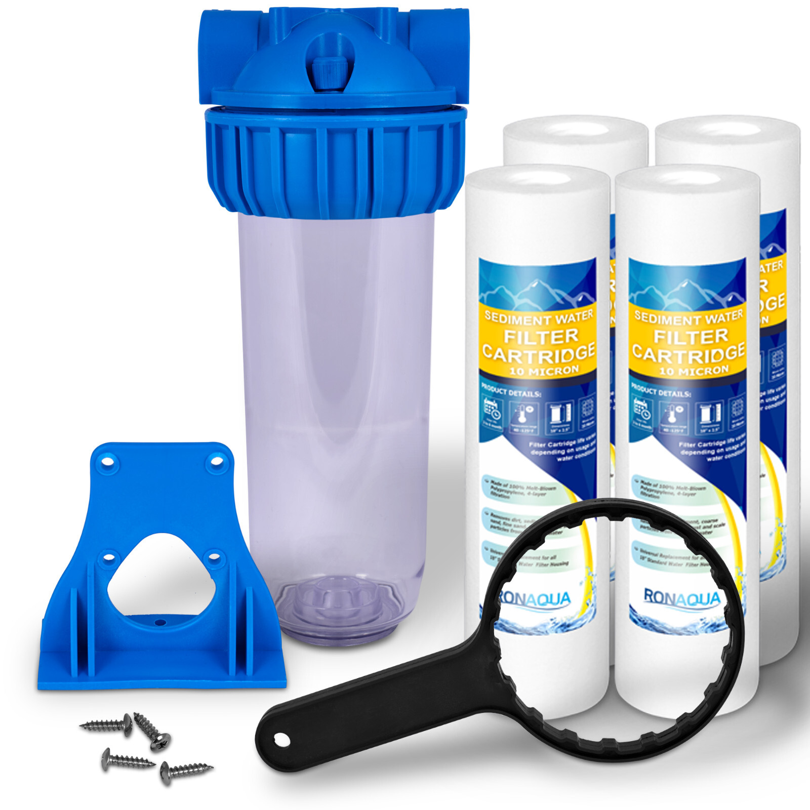 10" Clear Standard Whole House Water Filter System 4 Sediment 10 Micron Filters