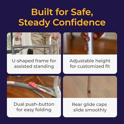 Two-Button Folding Walker With Wheels - Lightweight Rolling Mobility Support - A