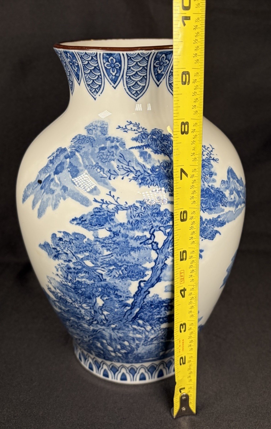 VTG Oriental Blue & White Chinoiserie Vase 9.5" Asian Mountain Pines Scene