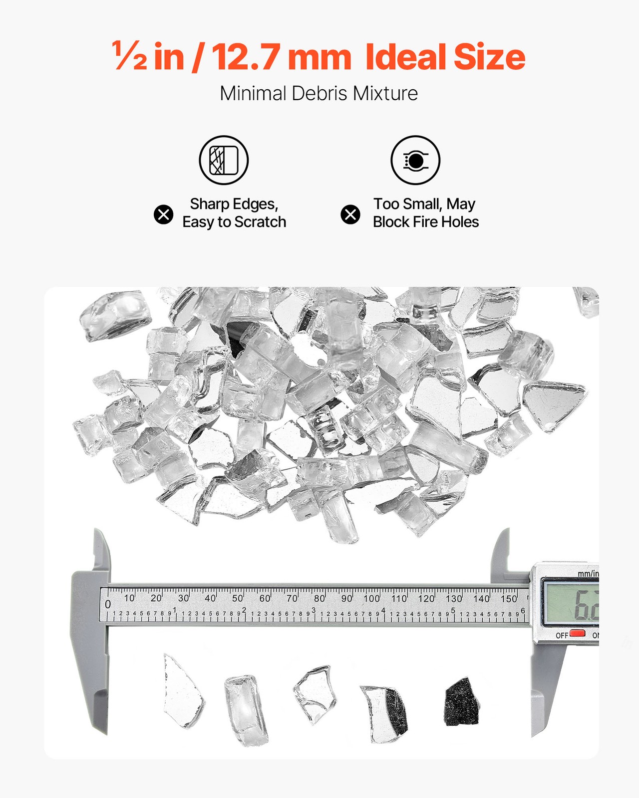 VEVOR 10 LBS Fire Glass 1/2-Inch Fireplace Glass Rocks for Fire Pit Table Clear